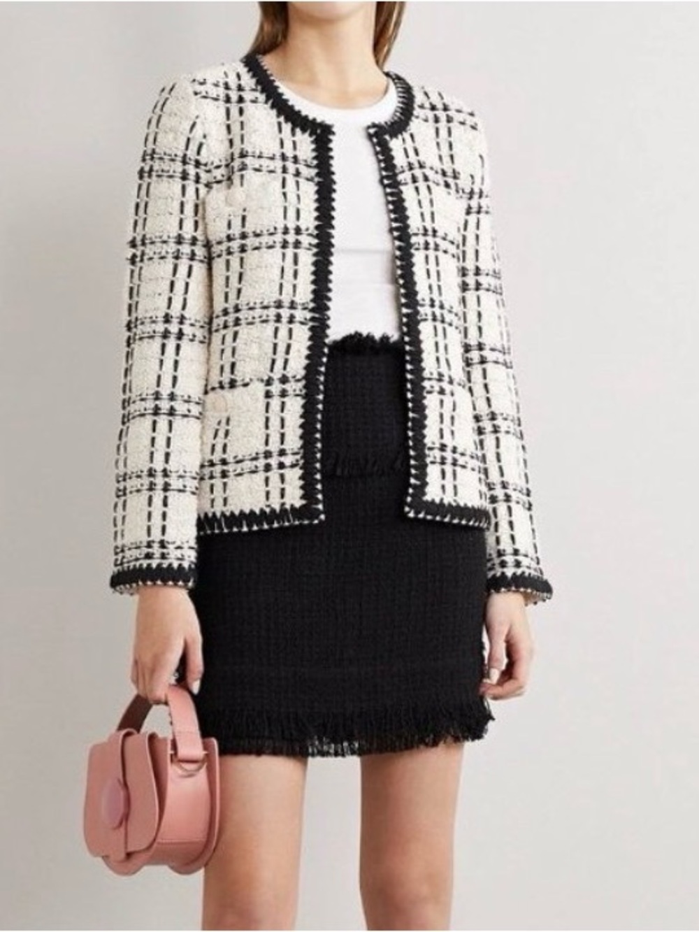 Tory Burch Kendra Chiffon-Trimmed Linen Blend Tweed Jacket Cream Black XL